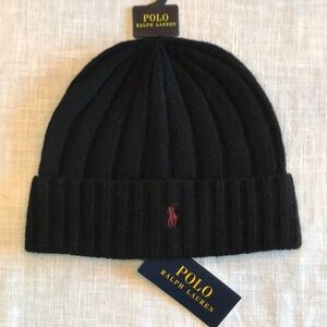 Brand New Polo Ralph Lauren Black Knit Wool Hat Maroon Embroidered Pony Beanie